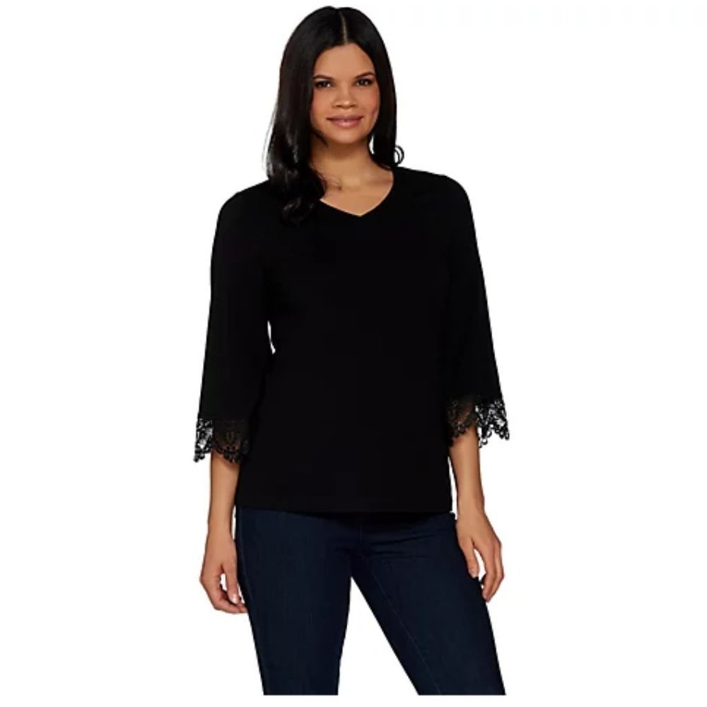 DENIM & Co. V-Neckline 3/4 Bell‎ Sleeve Top with La